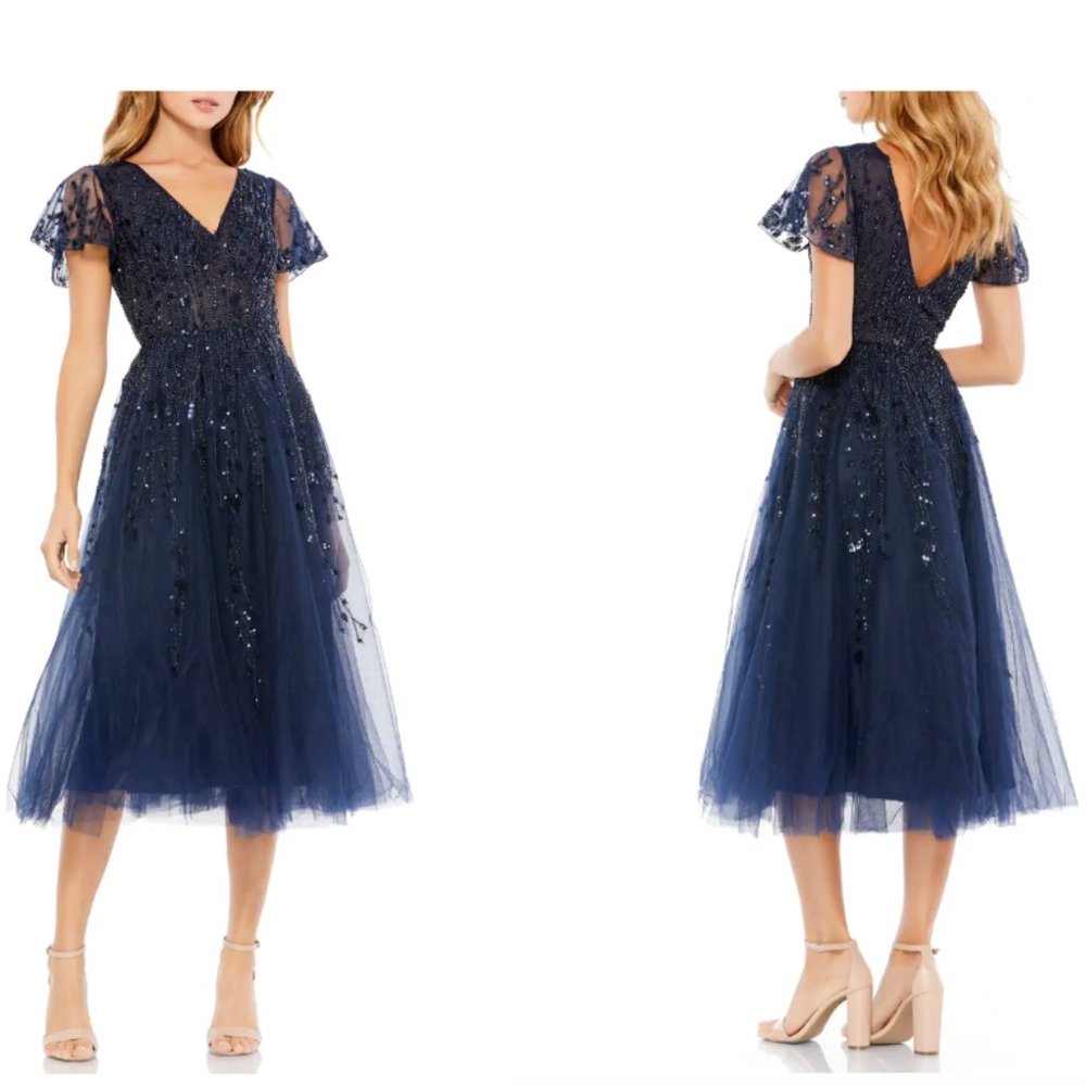 MAC DUGGAL V-NECK BEADED TULLE MIDNIGHT NAVY  FIT & FLARE DRESS sz 8